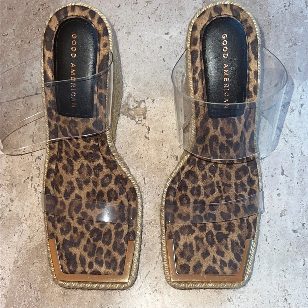 Good American Clear Strap Leopard Gold Trim Raffia Wedges 8.5 - Picture 2 of 5